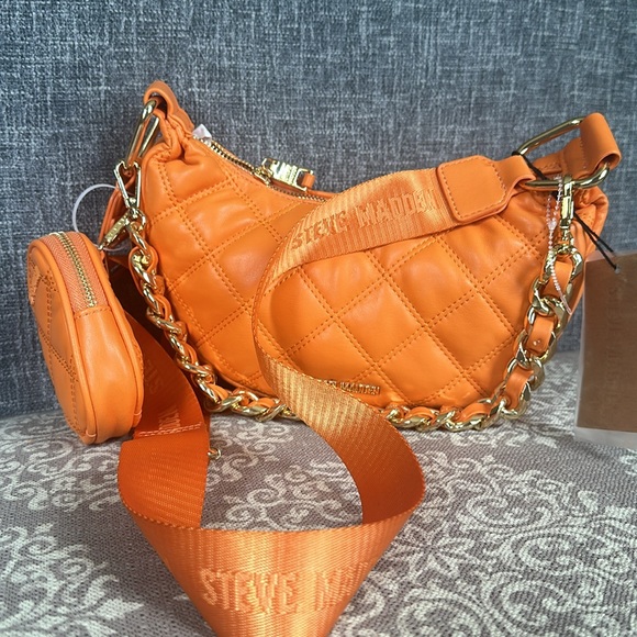 Steve Madden Orange Quilted Shoulder Bag with Luxe Chain Vegan NWT - Picture 4 of 7